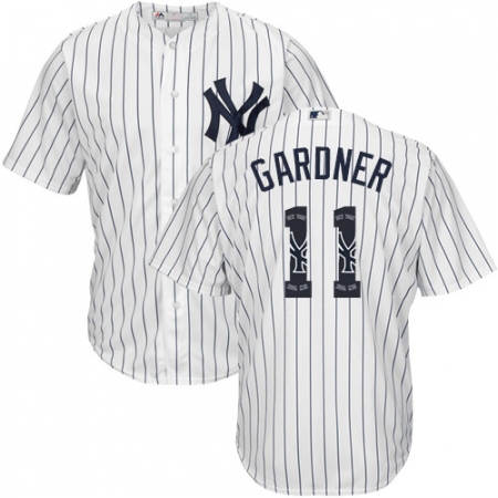 Men's Majestic New York Yankees #11 Brett Gardner Authentic White Team Logo Fashion MLB Jersey