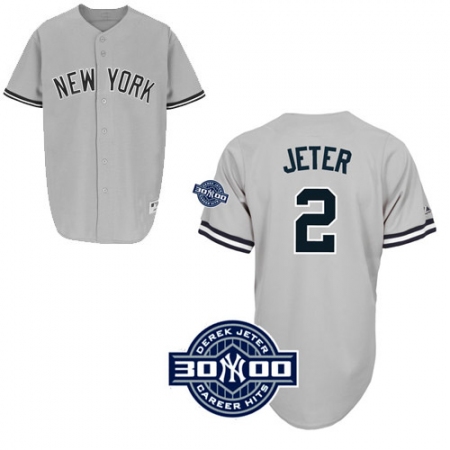 Men's Majestic New York Yankees #2 Derek Jeter Authentic Grey W/3000 Hits Patch MLB Jersey