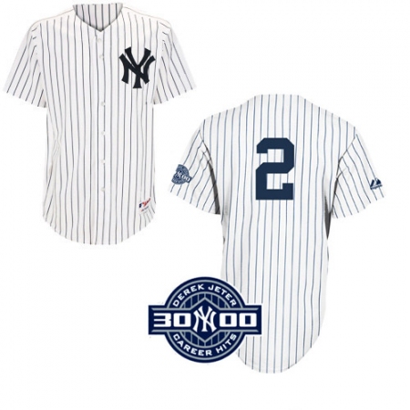 Men's Majestic New York Yankees #2 Derek Jeter Replica White W/3000 Hits Patch MLB Jersey