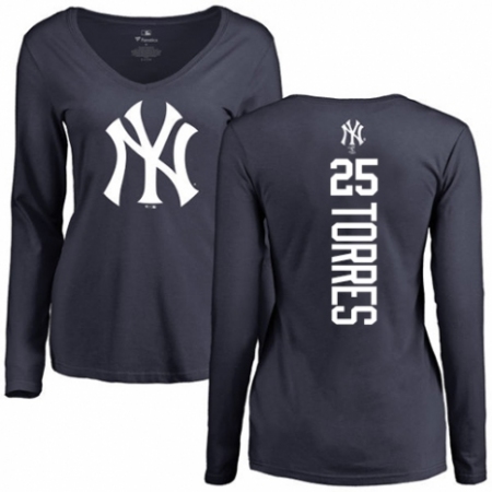 MLB Women's Nike New York Yankees #25 Gleyber Torres Navy Blue Backer Long Sleeve T-Shirt