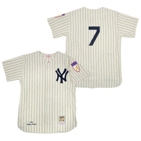 Men's Mitchell and Ness 1951 New York Yankees #7 Mickey Mantle Replica Cream Throwback MLB Jersey